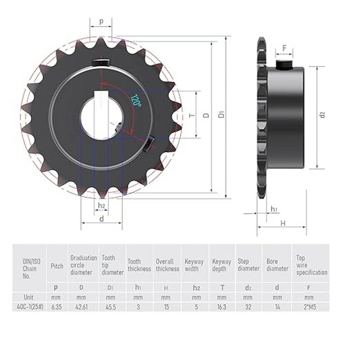 Roller chain sprocket technical drawing with width and keyway dimensions
