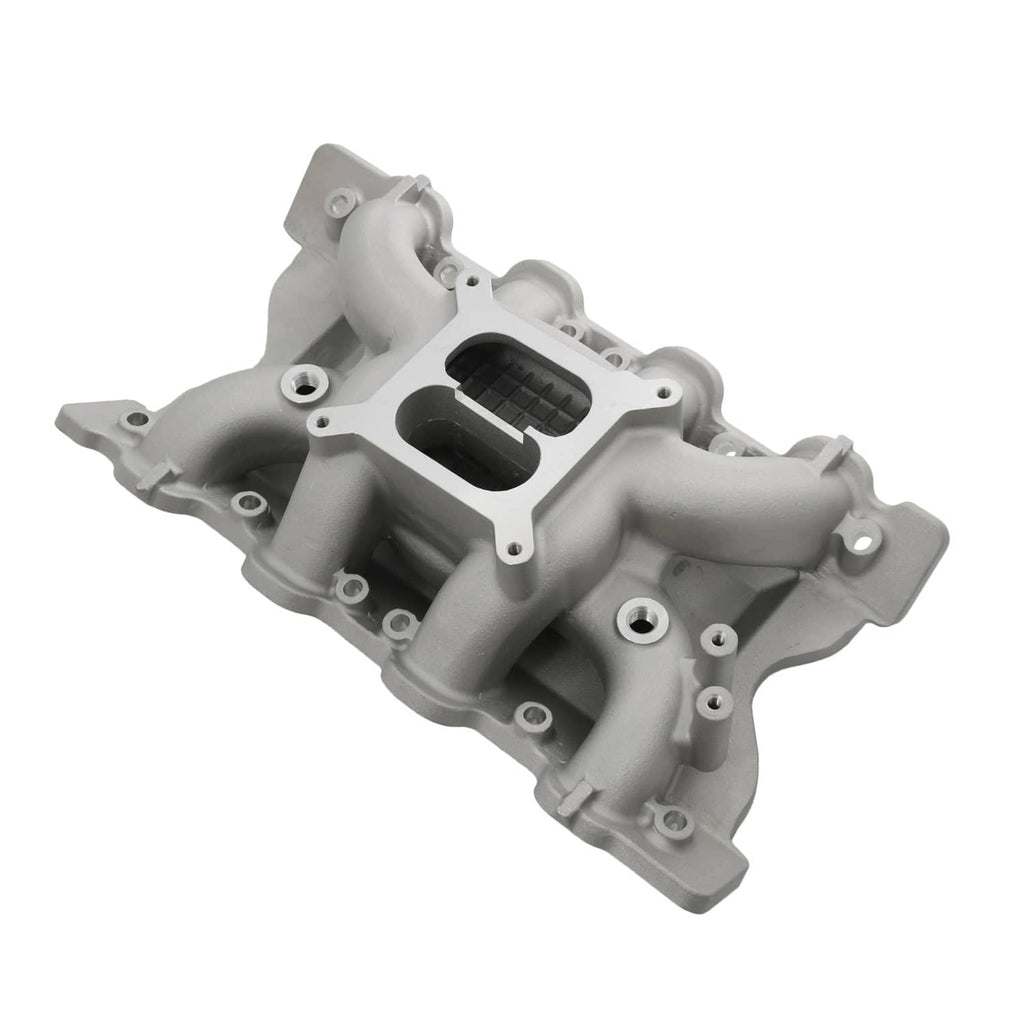 Grey intake manifold angled view with central twin black openings and ports