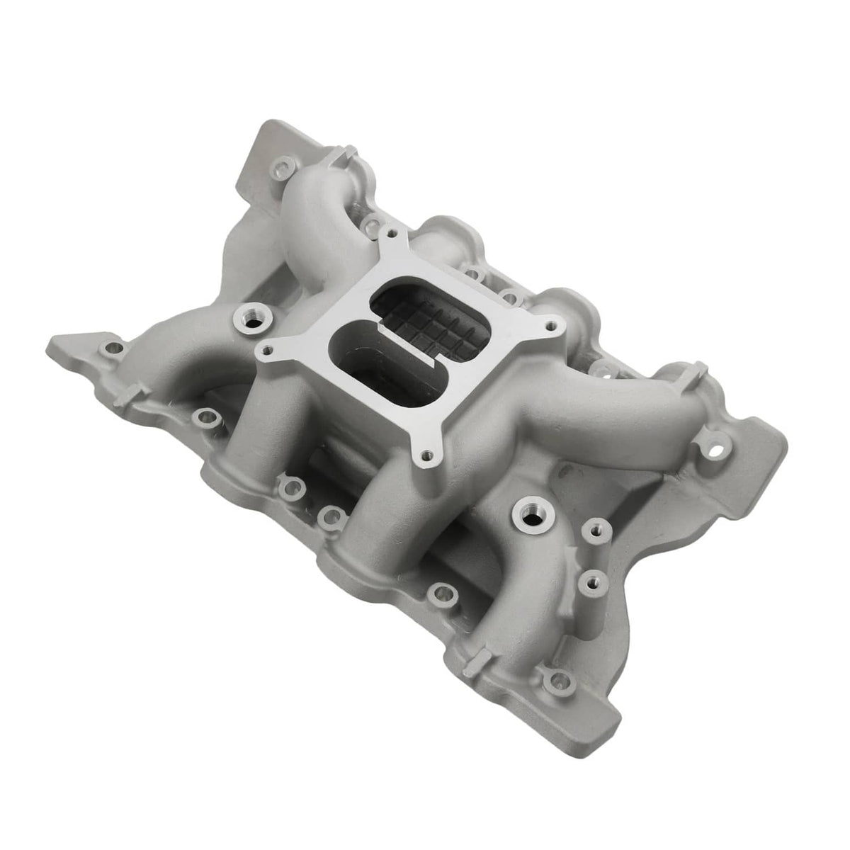 Grey intake manifold angled view with central twin black openings and ports