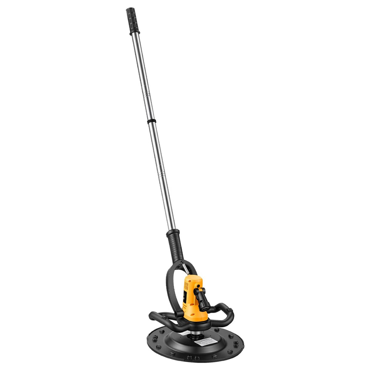 Electric concrete trowel with tall extension rod and round base plate