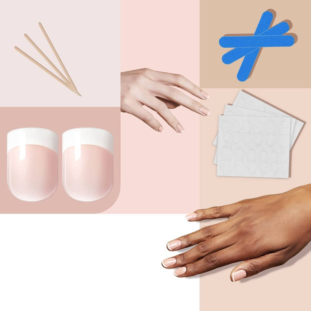 Pink short French tip press-on nails on hands, glossy nails with white tips