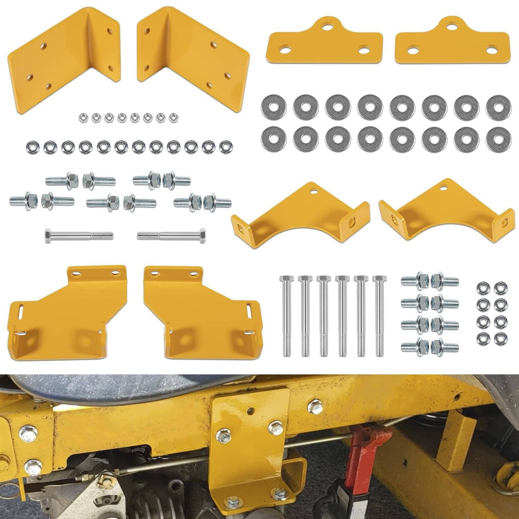 Yellow hydro transmission bracket kit with mounting brackets, bolts, washers, and hardware.