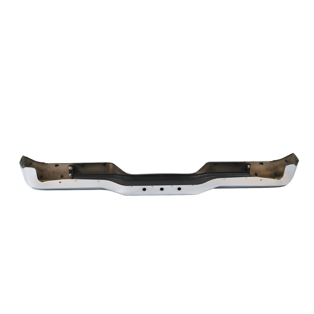 Rear bumper face bar, chrome trim with mounting holes and black ends
