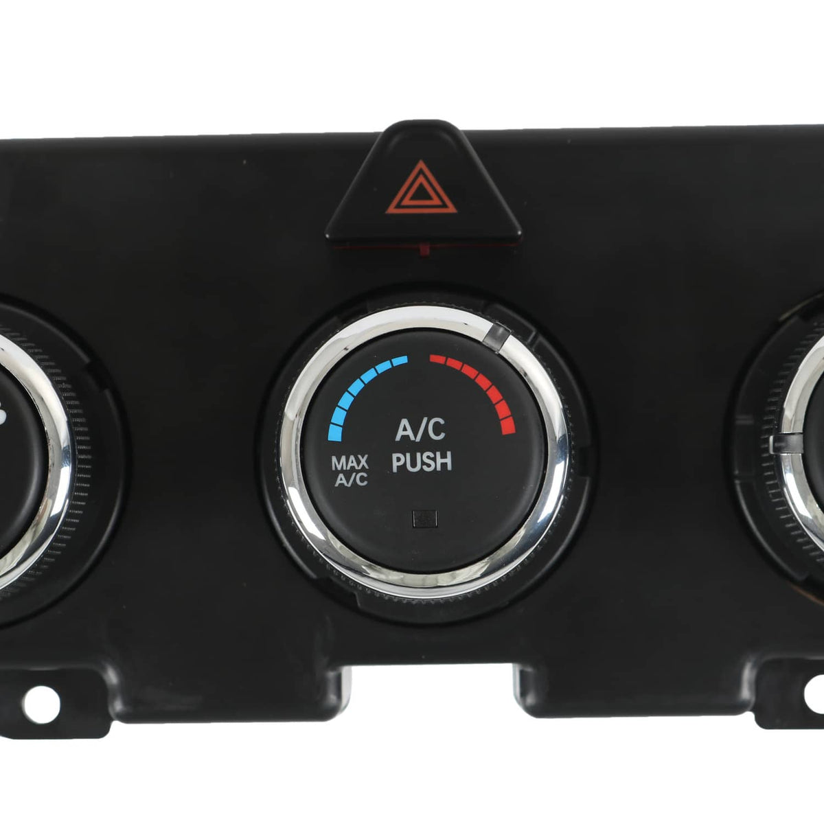 AC climate control panel close-up of center A/C dial with blue and red gauge.