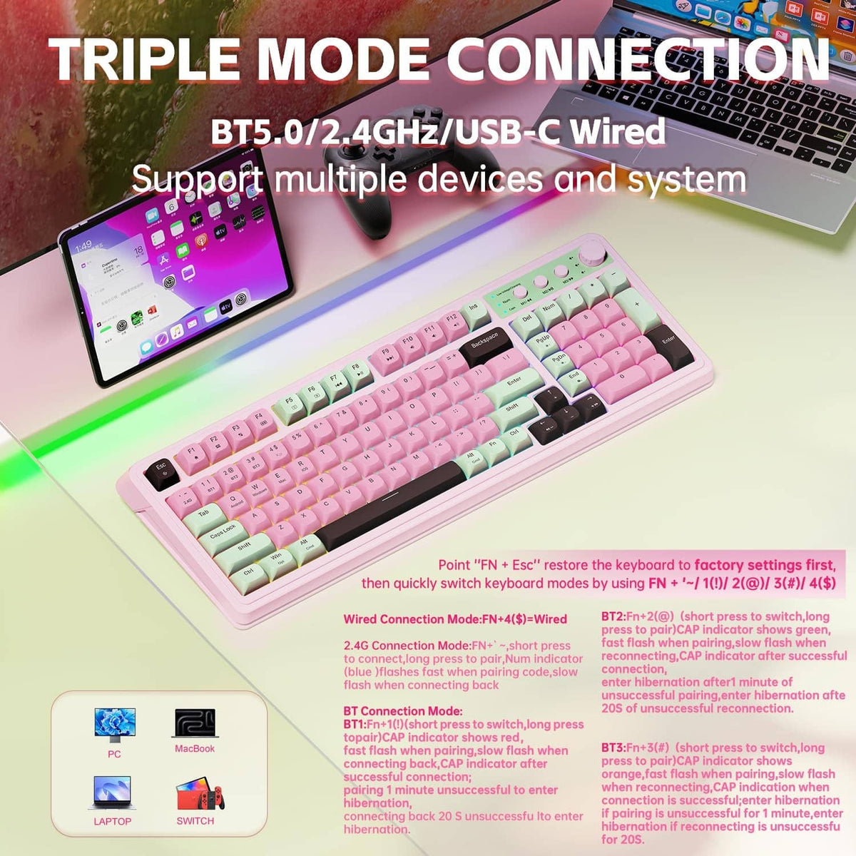 Pastel pink wireless gaming keyboard with mint-green keycaps and black accents