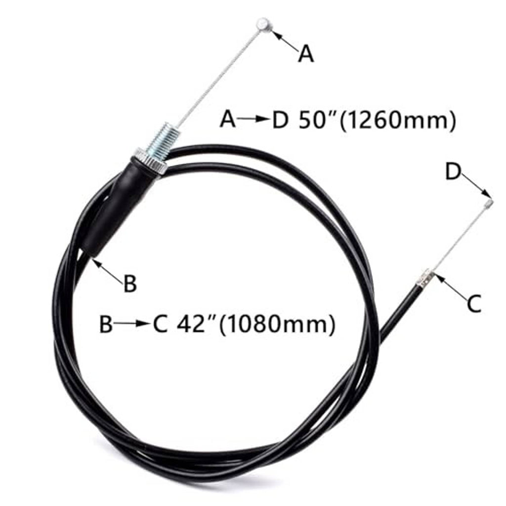 Coiled black throttle cable with spring adjuster and connector leads, size marks.