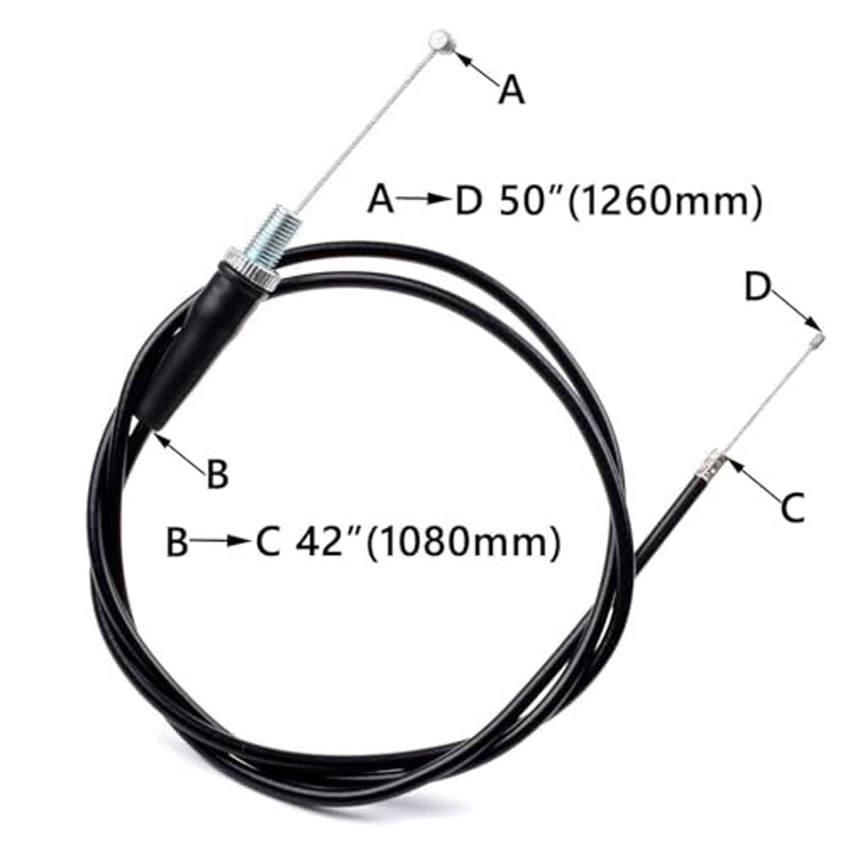 Coiled black throttle cable with spring adjuster and connector leads, size marks.