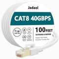 Ethernet cable reel label showing Cat8 40Gbps 100 ft outdoor and indoor