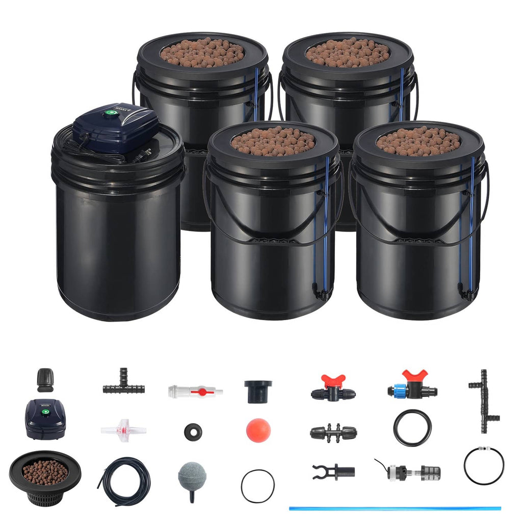 DWC hydroponics system with four buckets, blue pump, and accessory parts