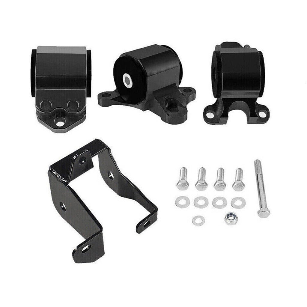 Black engine mount bracket kit with two mounts, hardware bolts, and washers