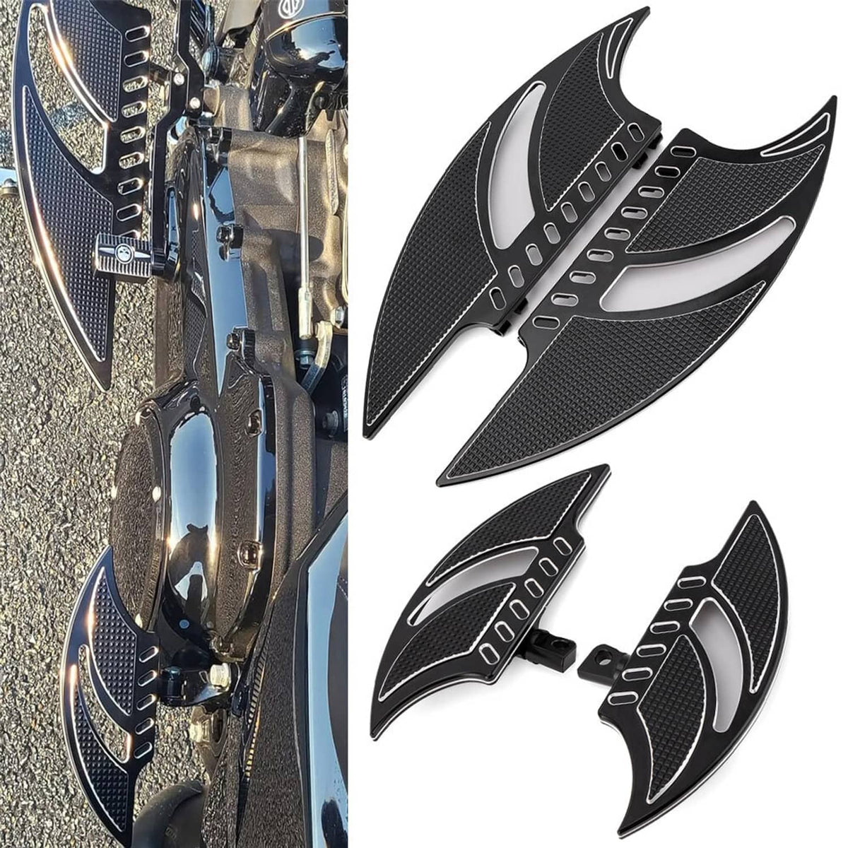 Front motorcycle floorboard panels with black textured grip and silver accent trim