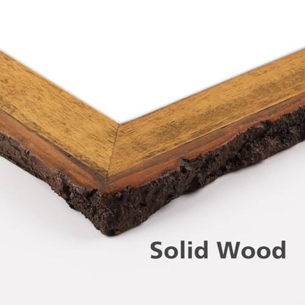 Corner close-up of bark-edge solid wood picture frame in rustic brown finish