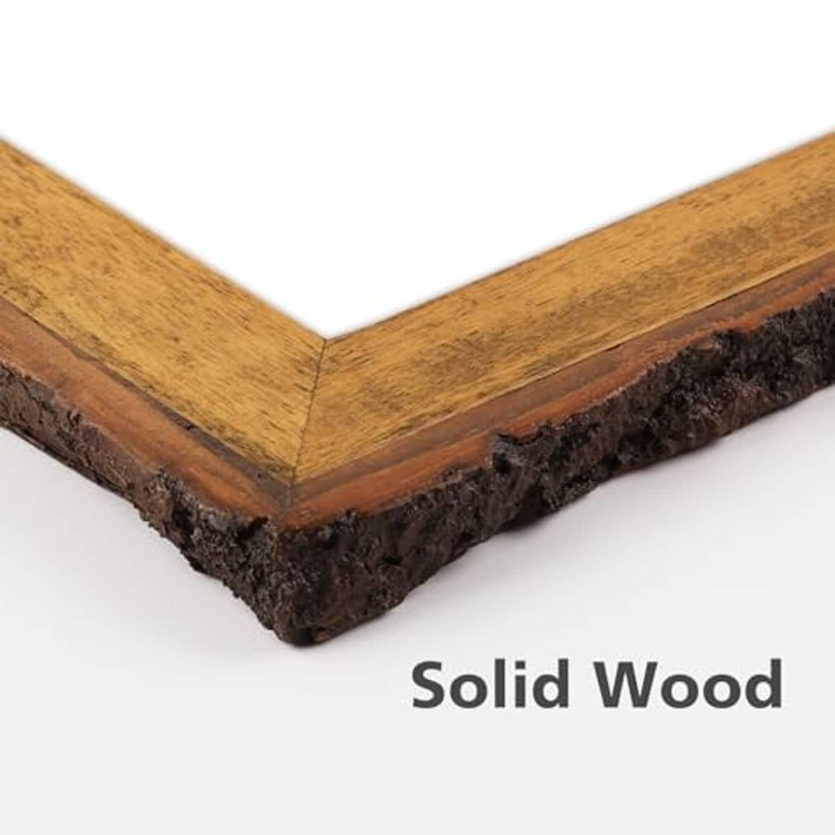 Corner close-up of bark-edge solid wood picture frame in rustic brown finish