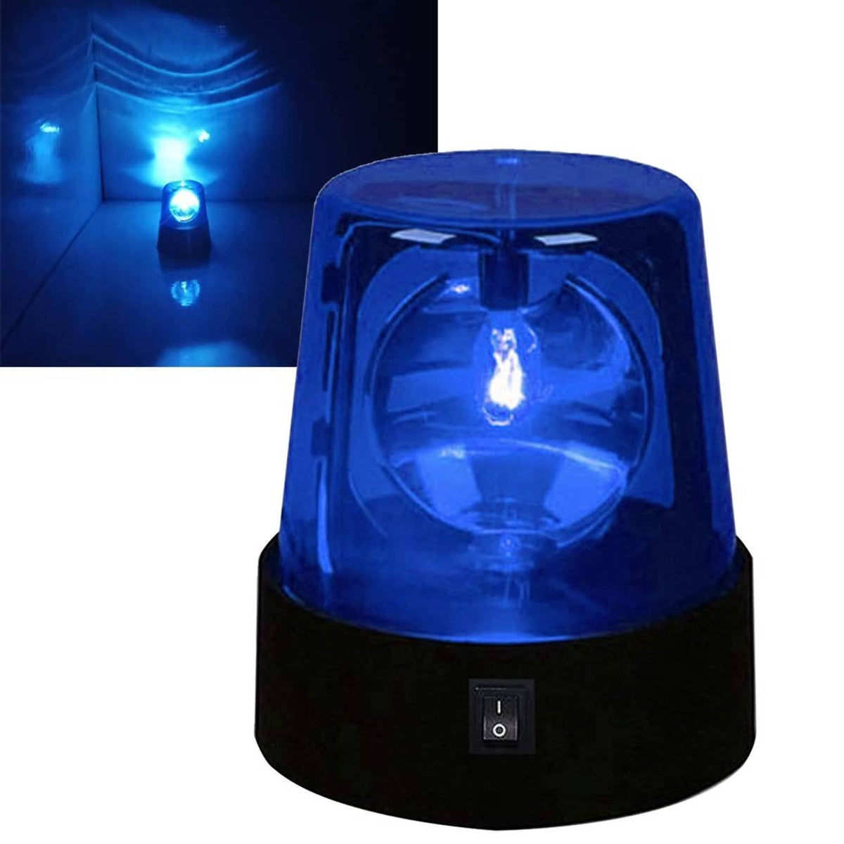 Blue LED strobe disco light on stand, glowing dome with power switch