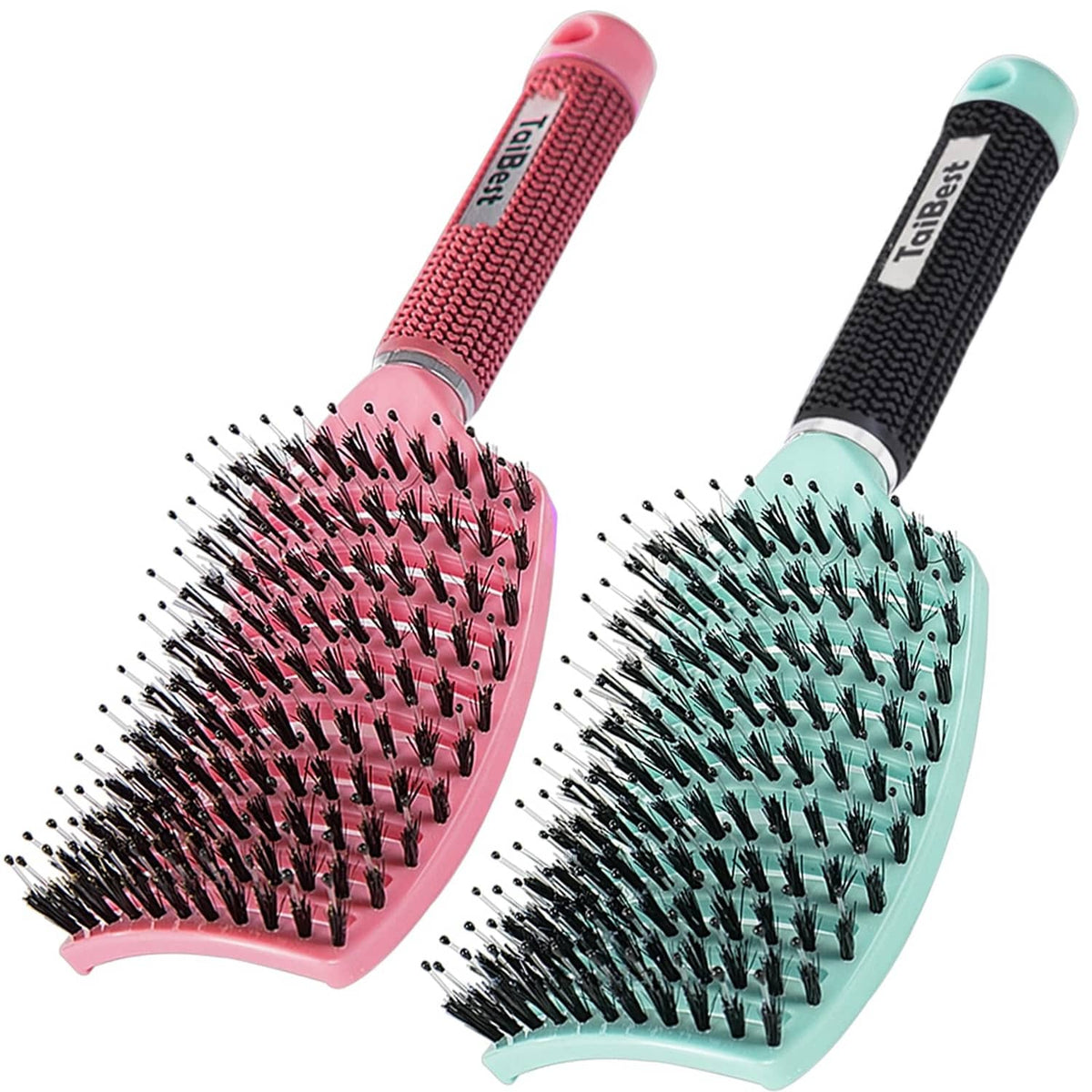Set of two paddle hair brushes with pink and teal handles and black bristle pads