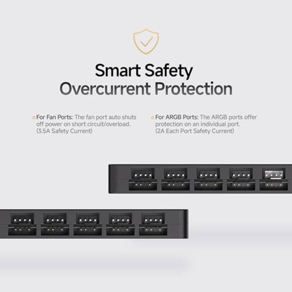 Fan hub ports shown with overcurrent protection safety graphic
