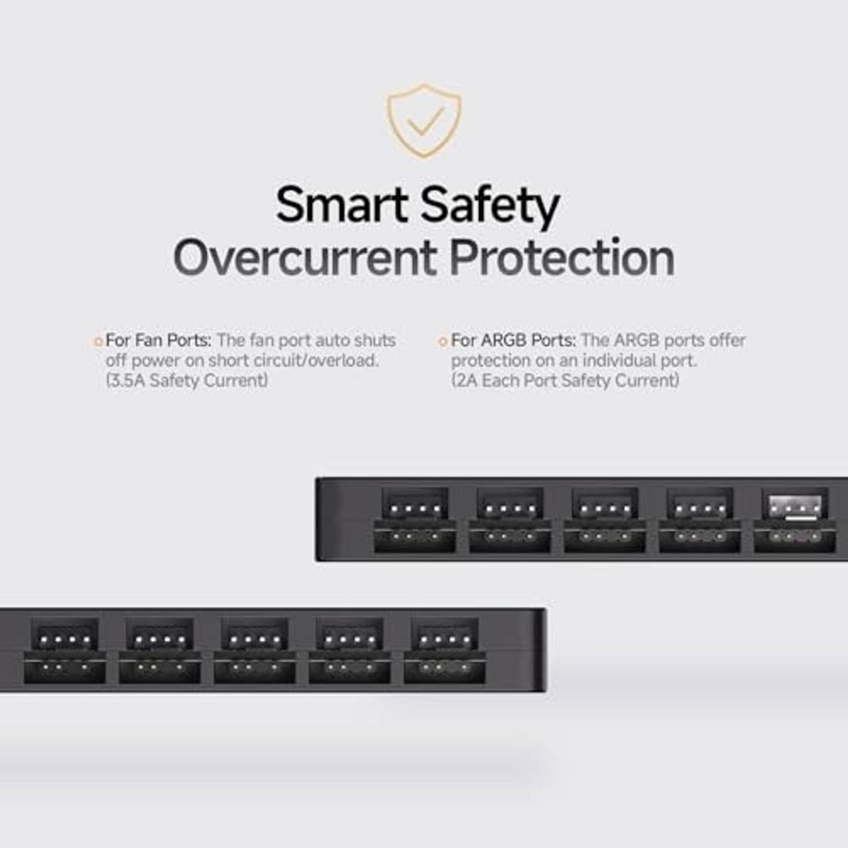 Fan hub ports shown with overcurrent protection safety graphic