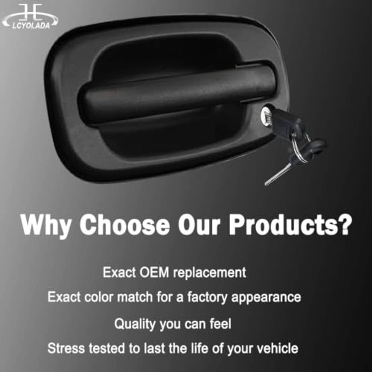 Front exterior door handle with lock and keys, black finish, close-up