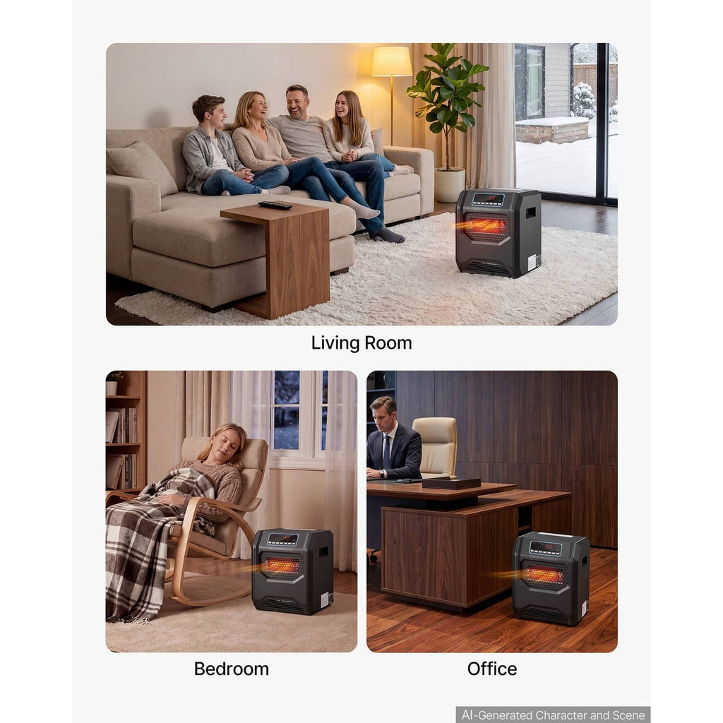 Black infrared electric heater on floor with glowing heating grid in room