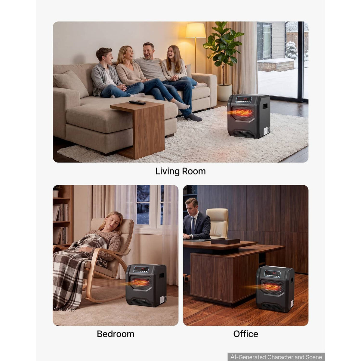 Black infrared electric heater on floor with glowing heating grid in room
