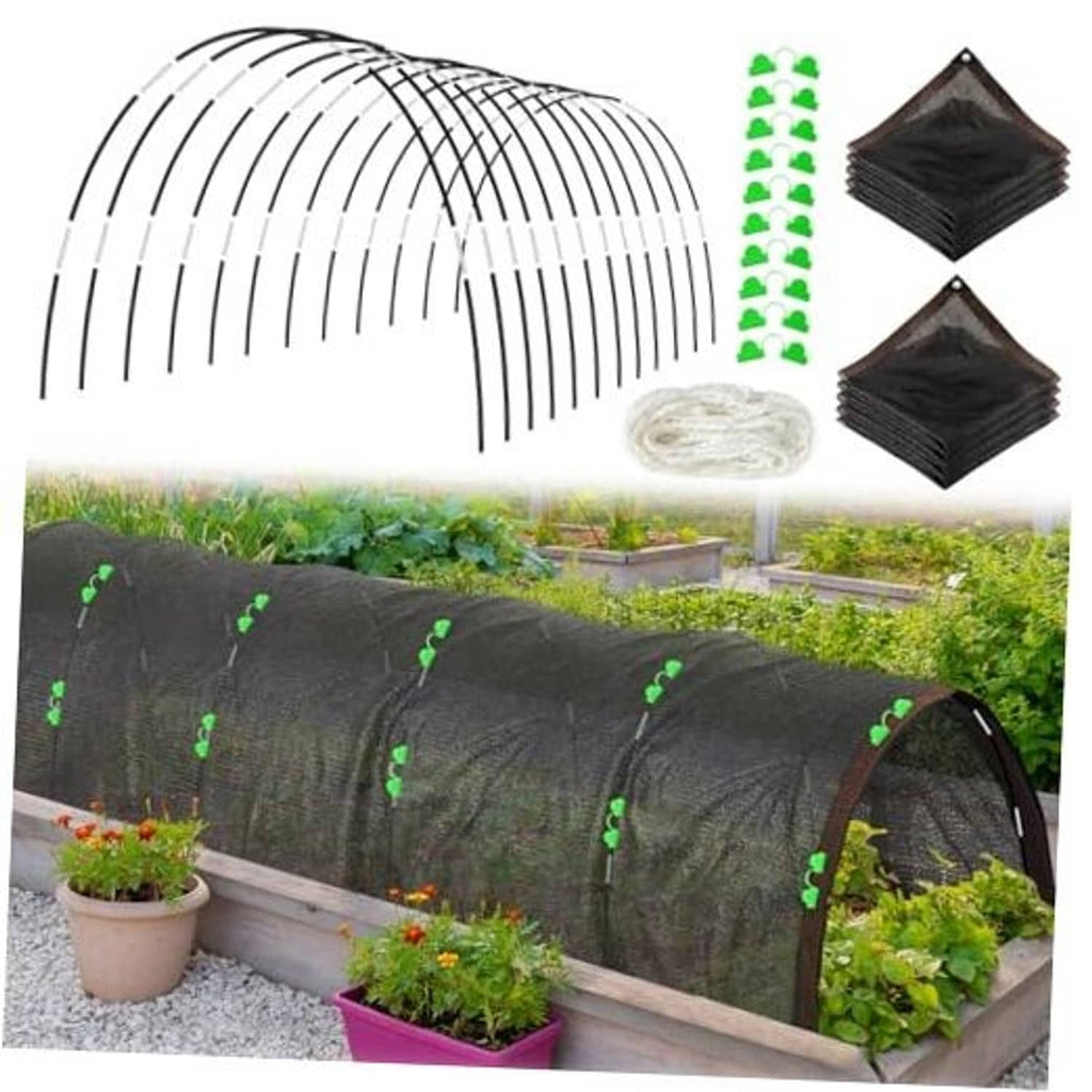Black plant shade net cover arched over raised garden bed with hoop frame