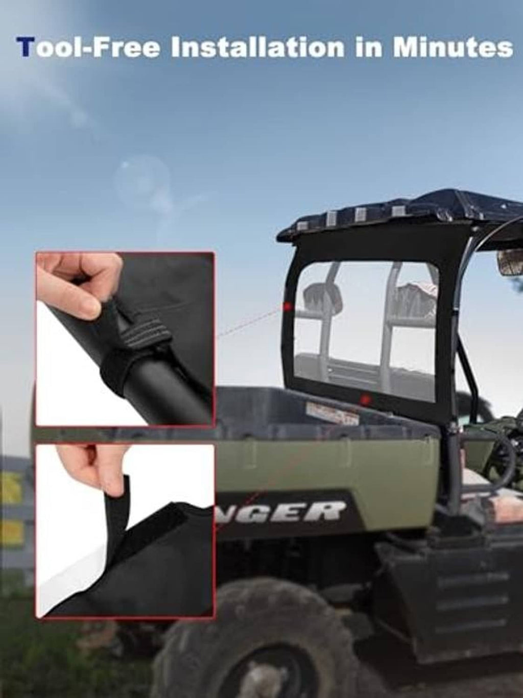 Rear soft UTV windshield installed on cargo bed, showing tool-free setup