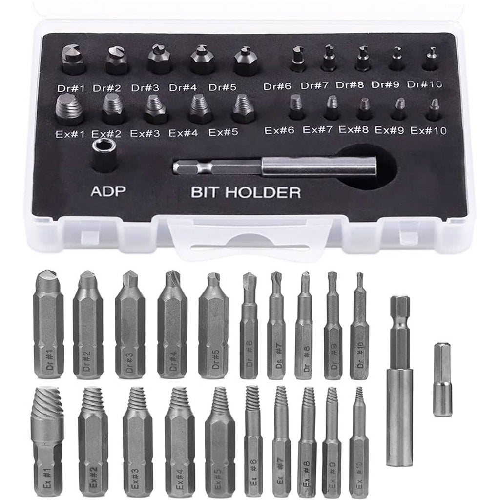 22-piece mini damaged screw extractor kit in plastic case with bit holder and bits
