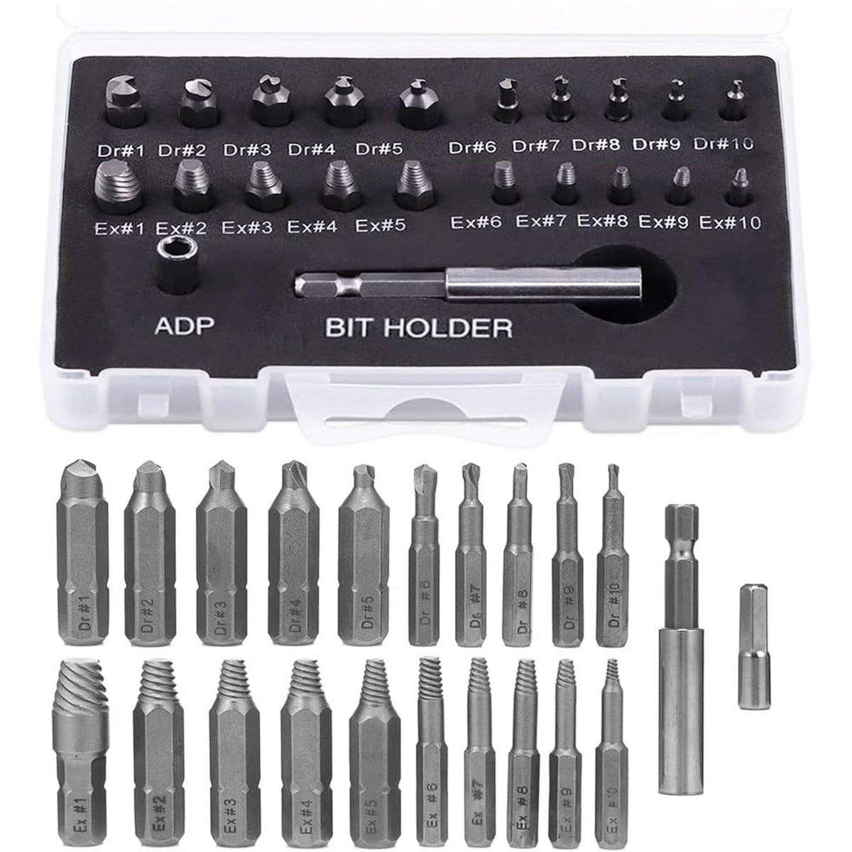 22-piece mini damaged screw extractor kit in plastic case with bit holder and bits