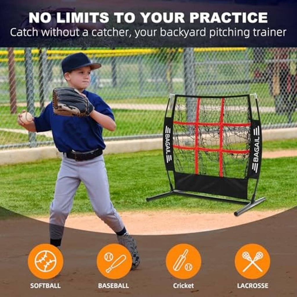 Backyard pitching trainer net with black frame, white mesh, and red 9-zone grid