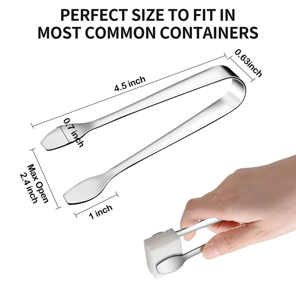 Small stainless steel serving tong with curved tips for grabbing portions