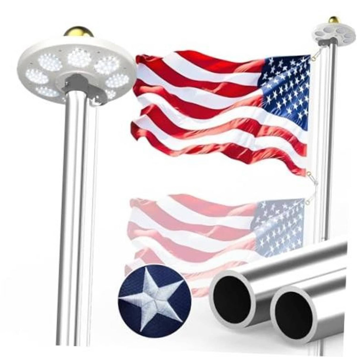 Solar LED flagpole with round light head and metal pole, waving U.S. flag at top