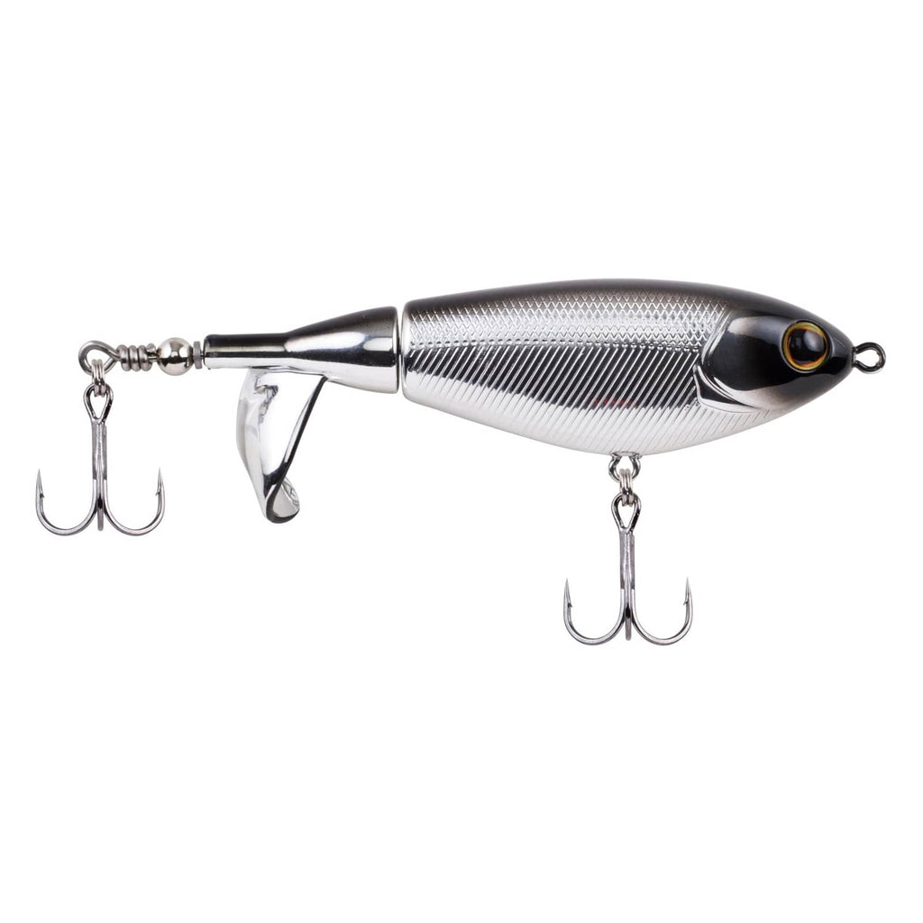 Berkley Choppo propeller tail fishing lure, metallic silver, with two treble hooks