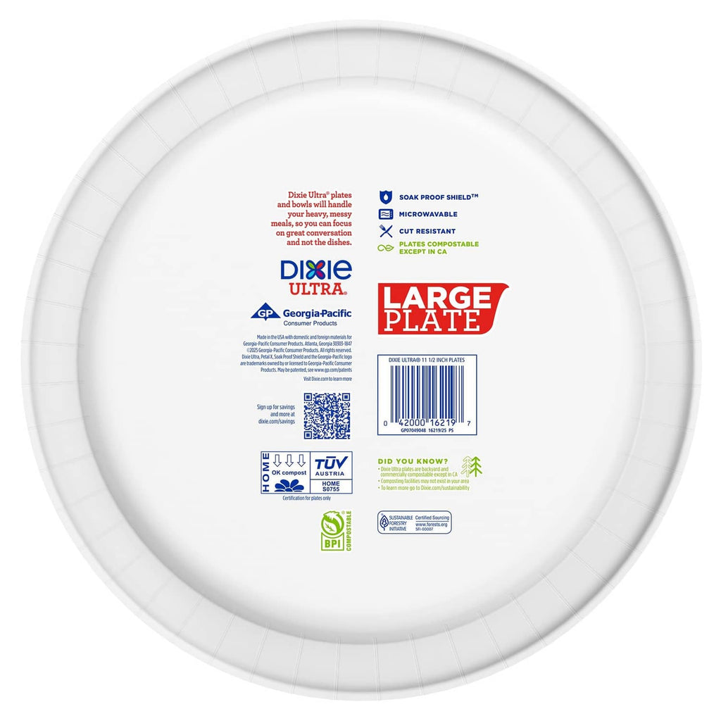 Back side of white large paper plate with printed product details and barcode