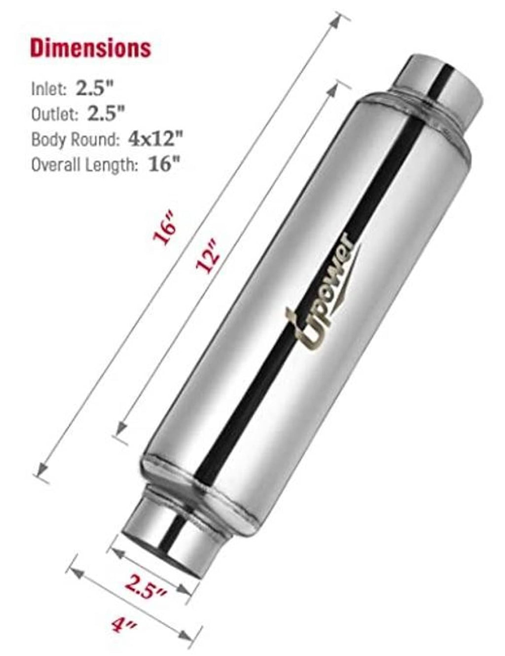 Exhaust resonator dimensions: 2.5 in inlet, 4 x 12 in body, 16 in overall length