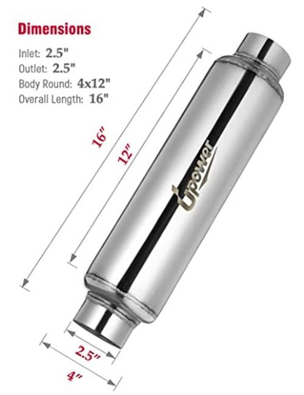 Exhaust resonator dimensions: 2.5 in inlet, 4 x 12 in body, 16 in overall length
