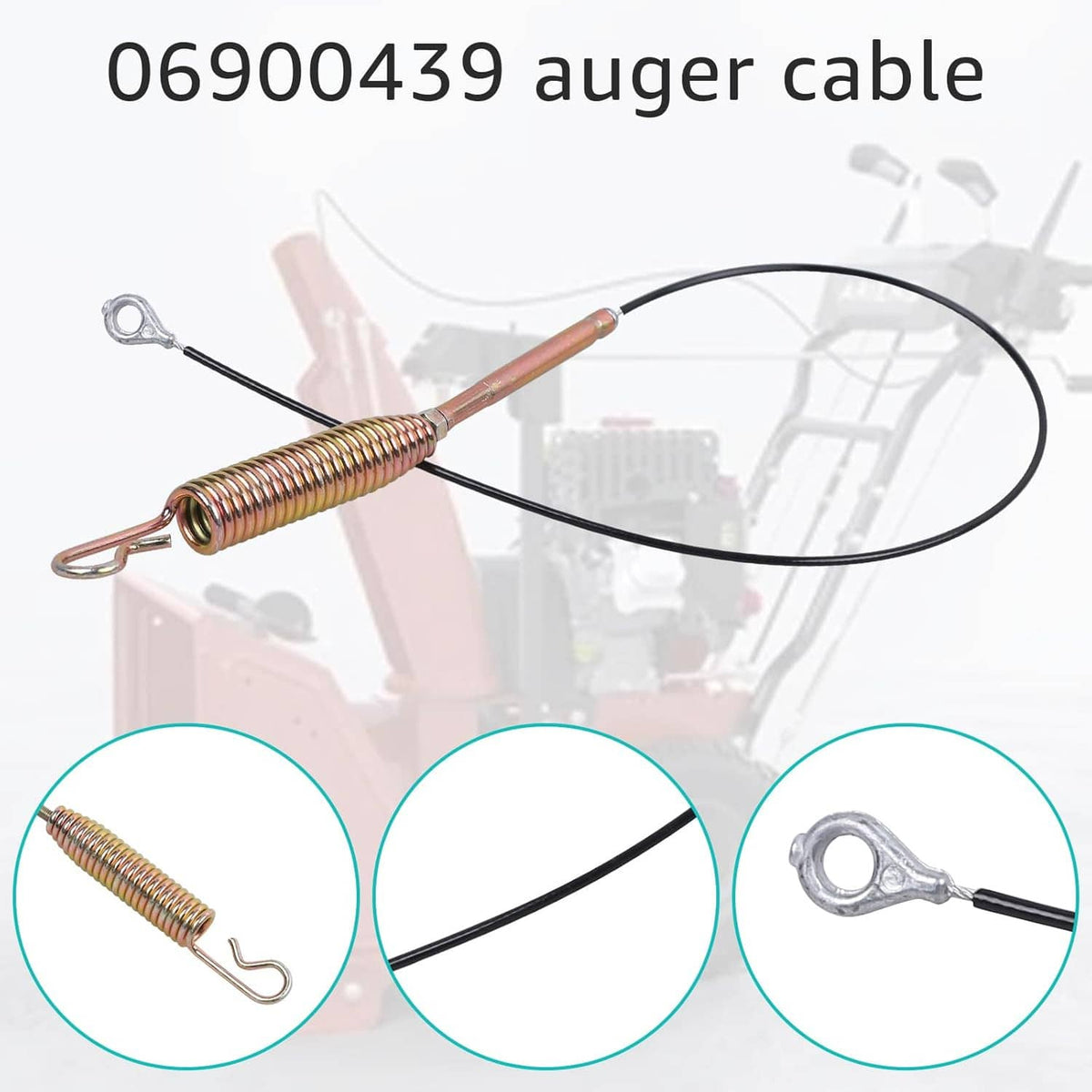 Auger control cable with black wire, copper spring, and metal eyelet ends