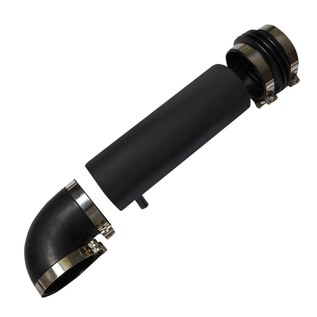 Black intake tube with 90-degree elbow and metal clamp connections