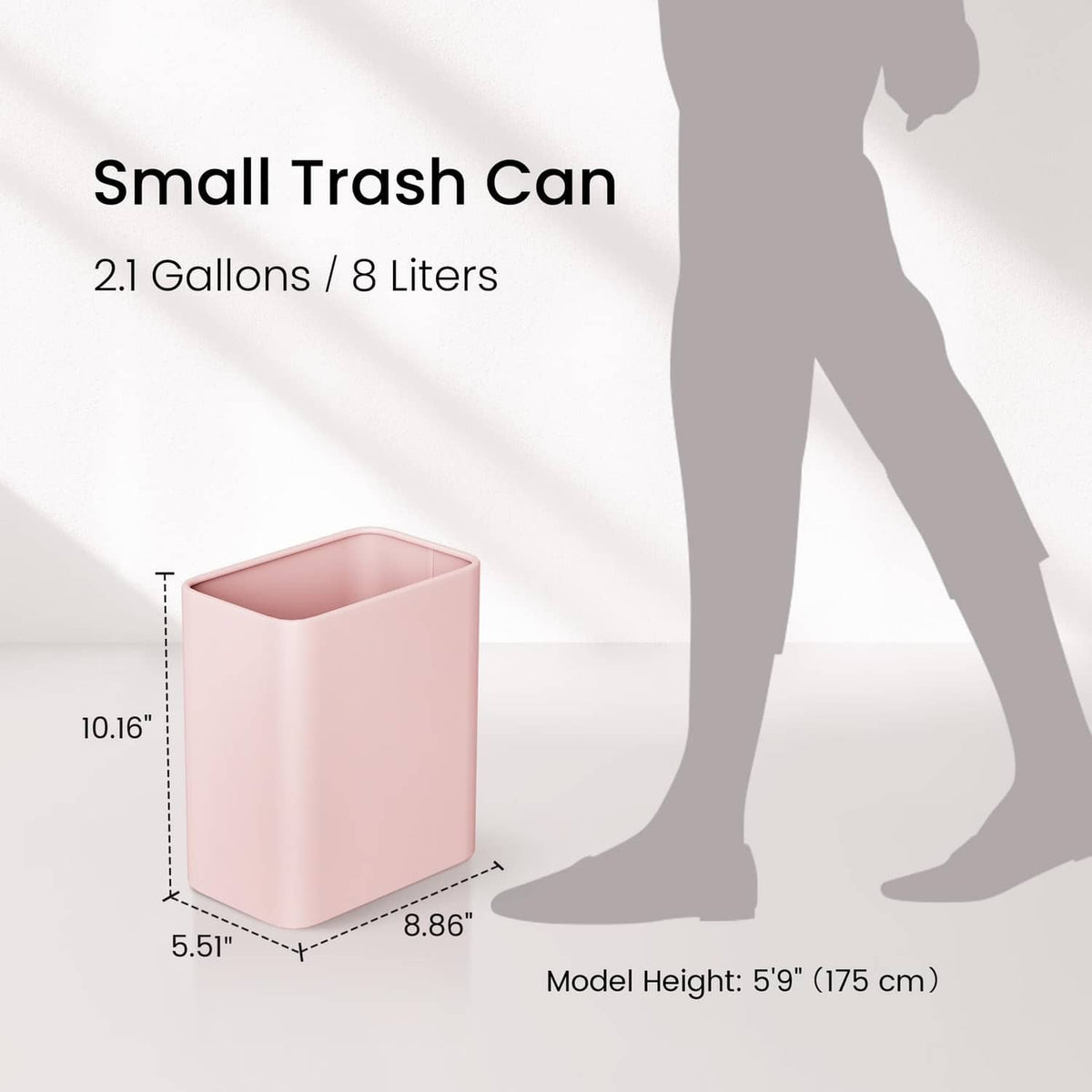 Small pink trash can, side profile view, open top bin