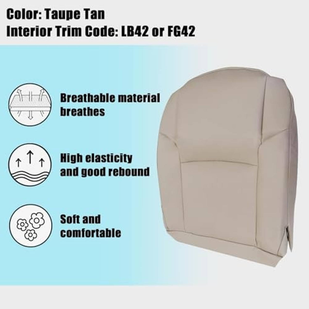 Taupe front driver-side bottom seat cover with curved backrest and side panels
