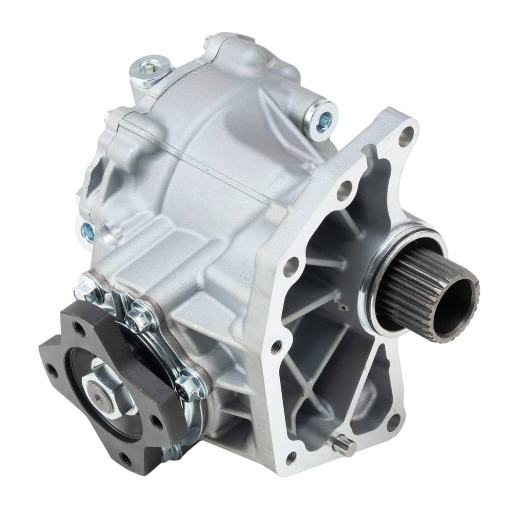 Transfer case assembly side view with black pulley, silver casing, and output shaft