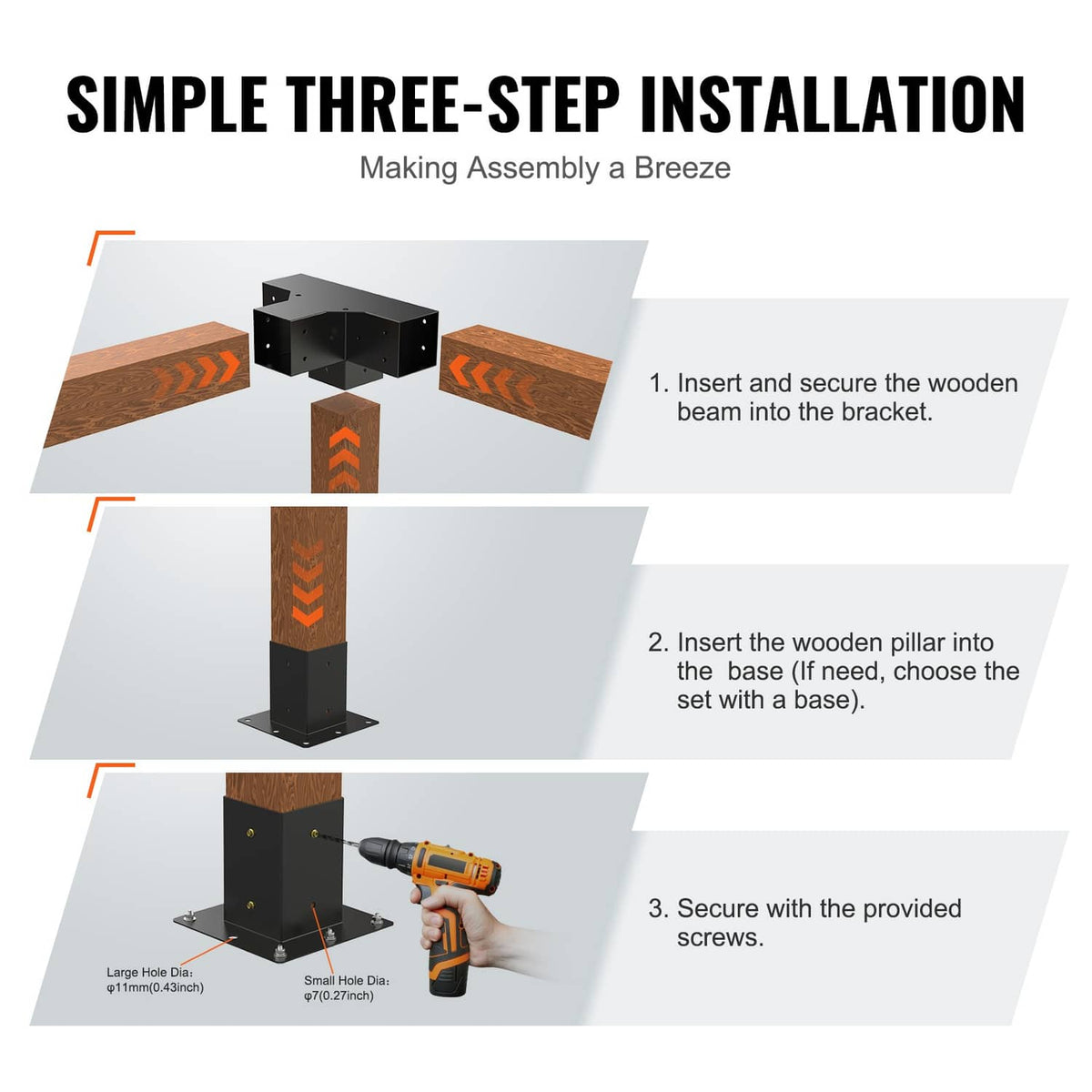 Black 4-way pergola corner bracket kit shown with step-by-step installation parts
