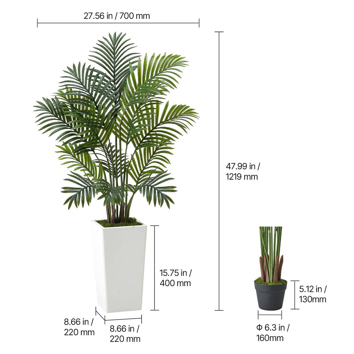 Artificial palm tree in a white pot with green fronds, measurement diagram