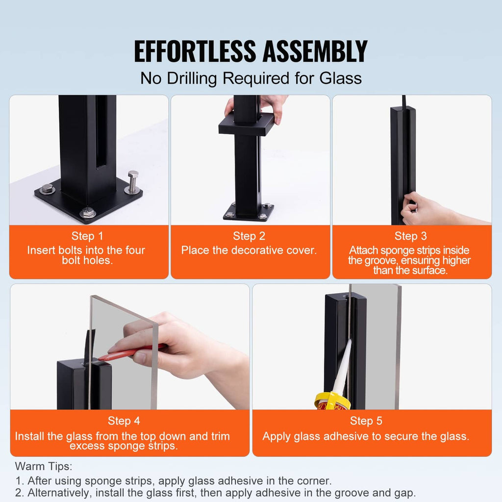 Black glass railing post clamp with decorative cover, screws, and wrench for assembly