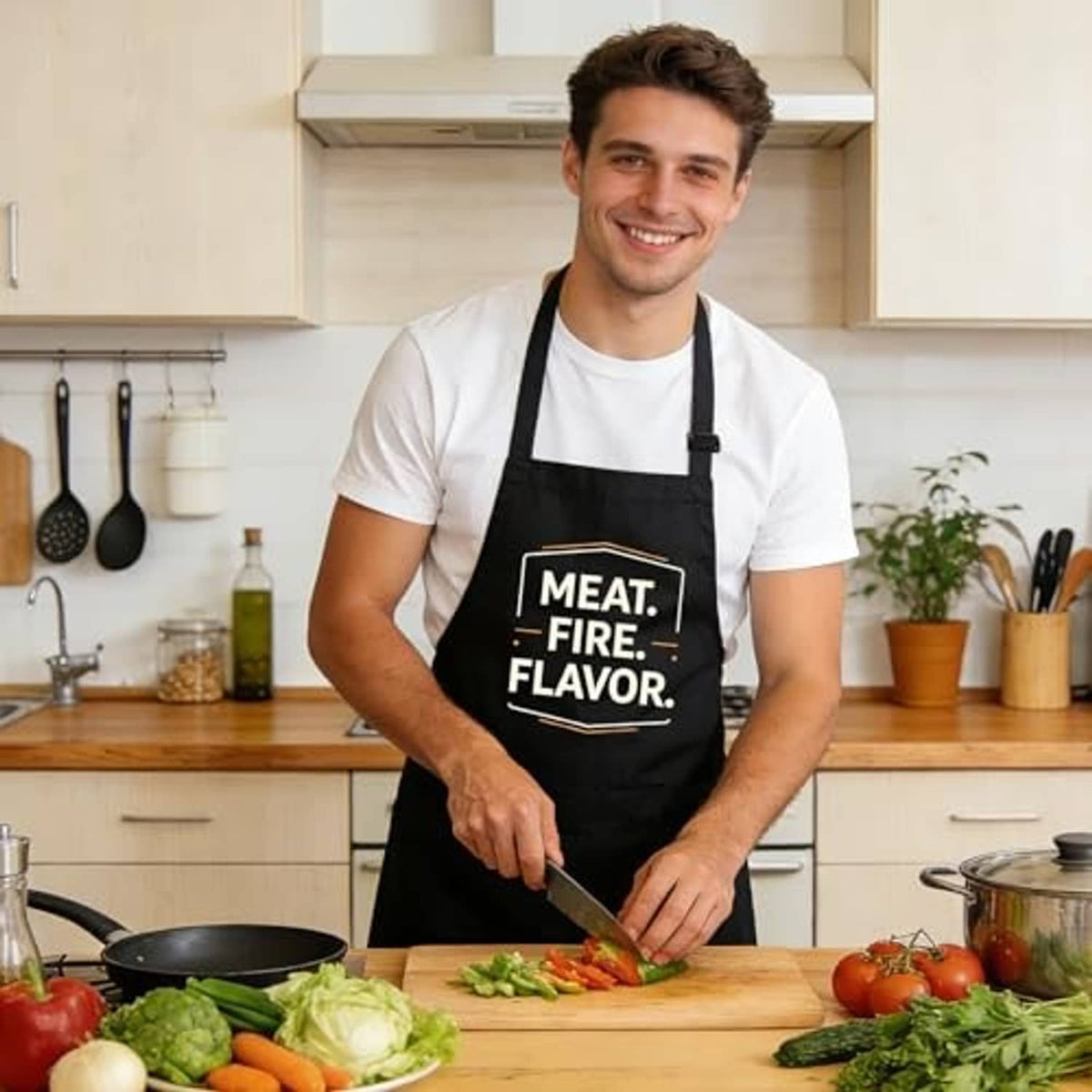 Black apron with “MEAT. FIRE. FLAVOR.” slogan, worn over a white shirt.