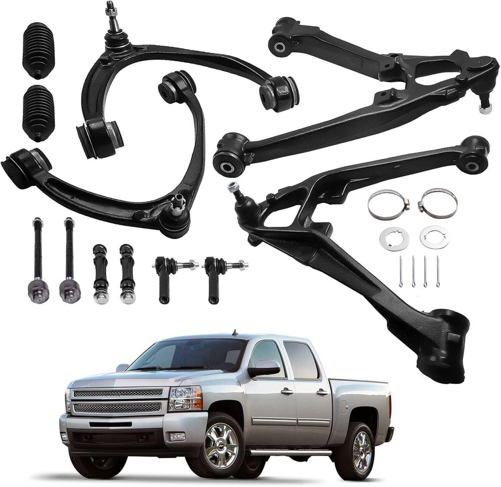 Front control arm kit showing black A-arms, ball joints, boots, and included mounting parts