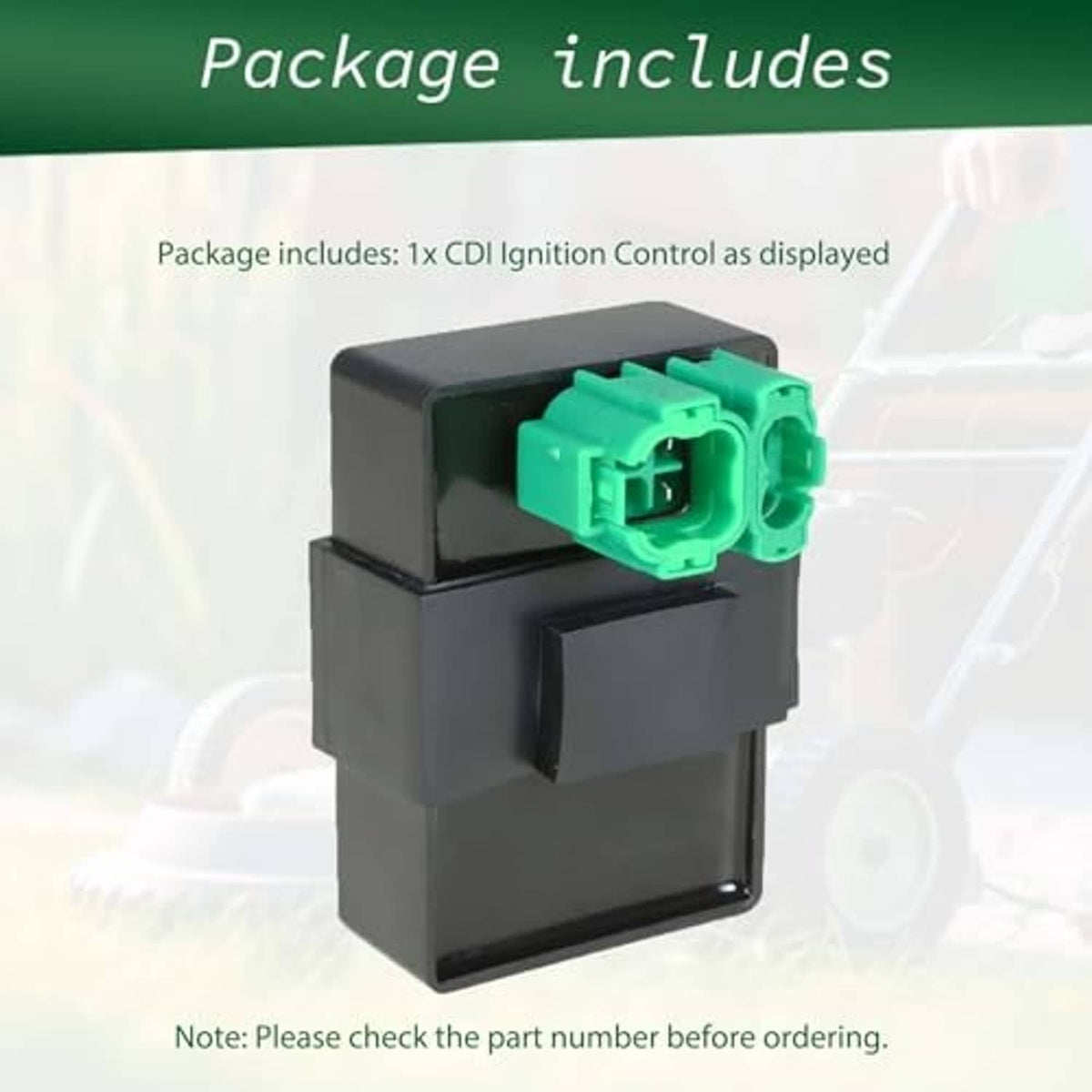 CDI ignition control module, black plastic unit with green electrical plug.