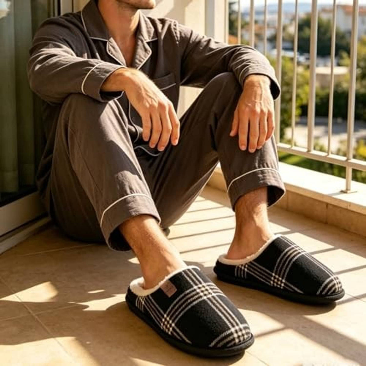Men wearing black plaid scuff slippers with fluffy lining and slip-on design