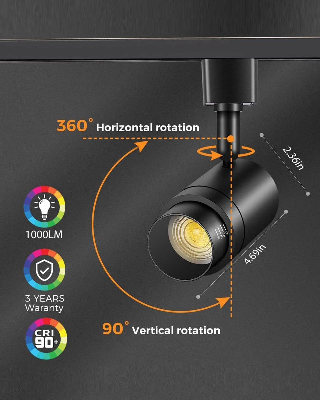 Black adjustable track light head with motion diagram for 360° rotation and 90° tilt