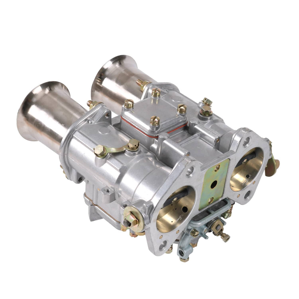 Side view twin-choke carburetor with throttle linkage and mounting bracket
