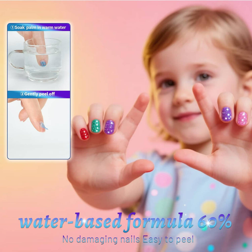 Child showing glitter nail polish on fingers with inset soak-in-water step